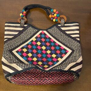 Womens Purse Straw Bag Vacation Tropical Multicolored Tassel Wood Handle